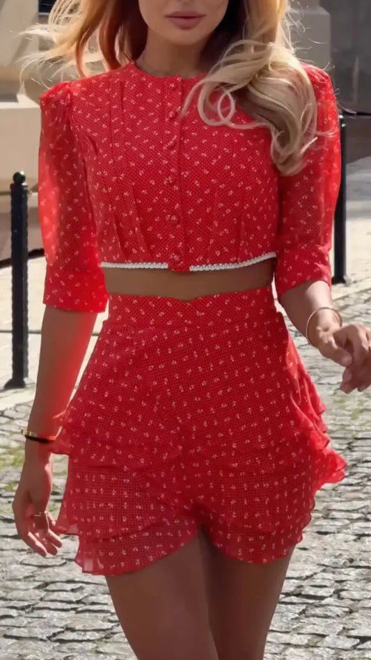 Red Floral Two-Piece Mini Dress Set
