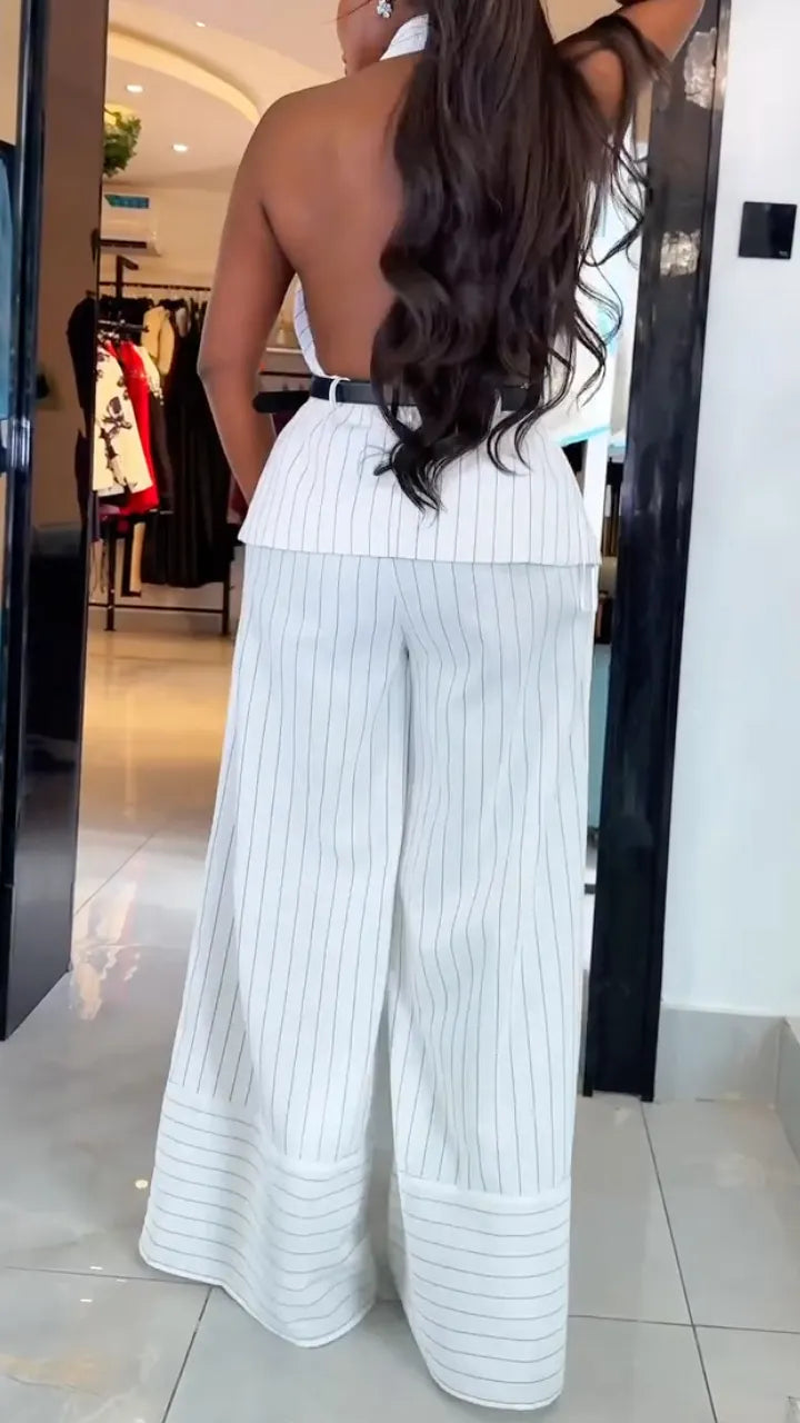 White Pinstripe Halter Neck Top & Wide Leg Pants Set