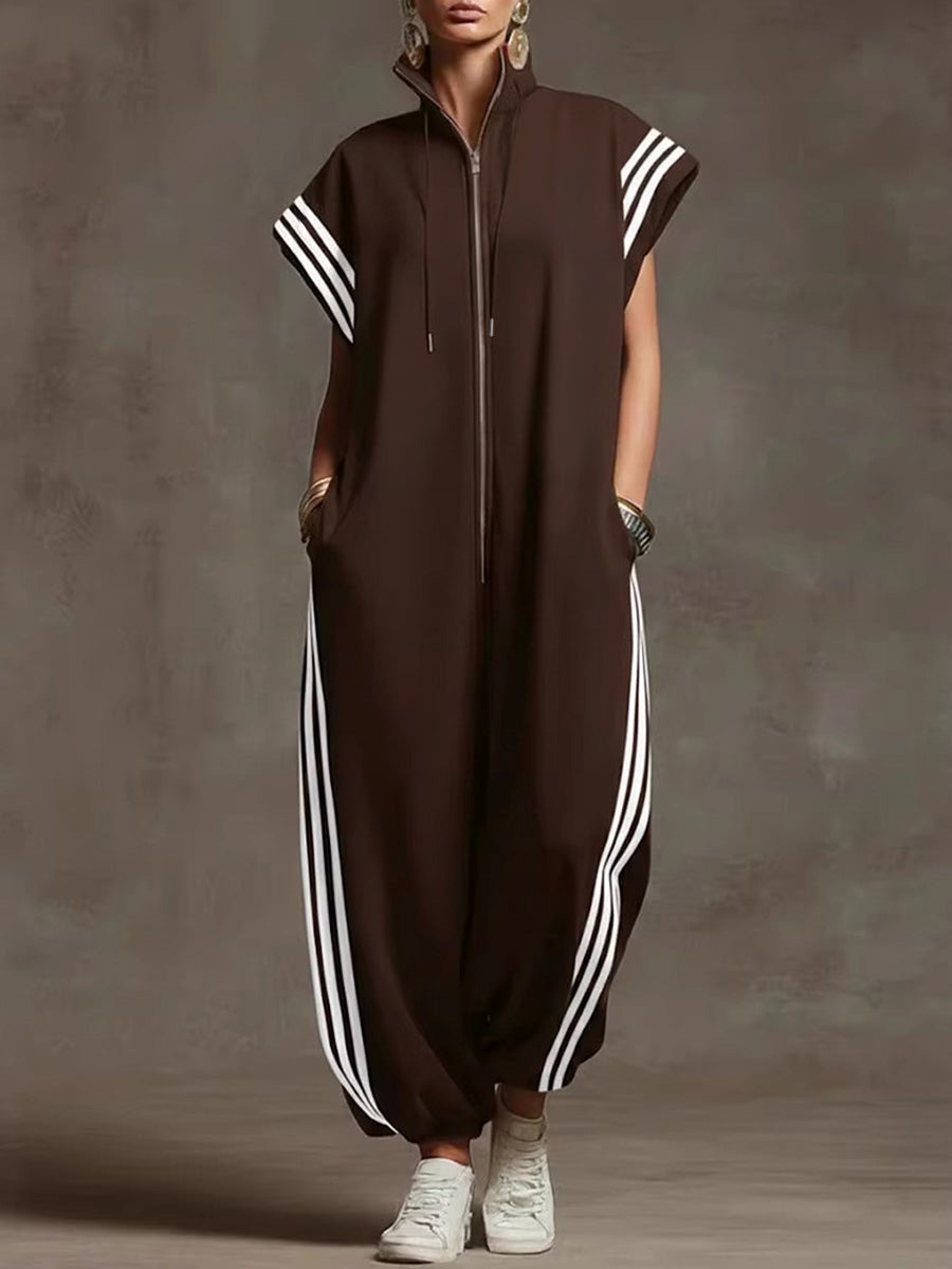 Striped Sleeveless Zipper Oversized Jumpsuit