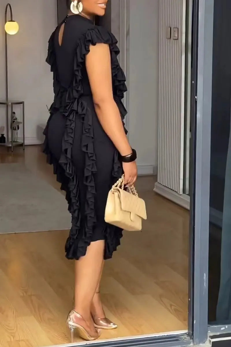 Black Ruffle-Trimmed Midi Dress