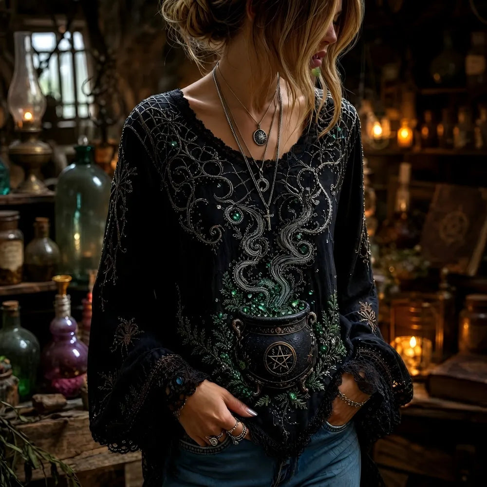 Women's Mystical Pentagram & Potion Graphic Blouse