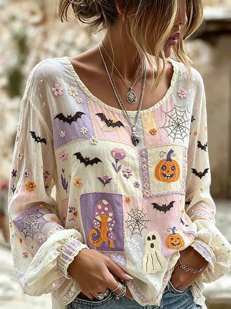 Boho Pastel Patchwork Halloween Long Sleeve Blouse