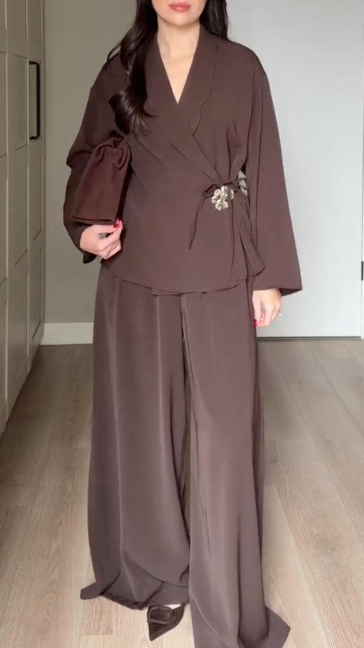 Wrap Blouse with Wide Leg Pants Set