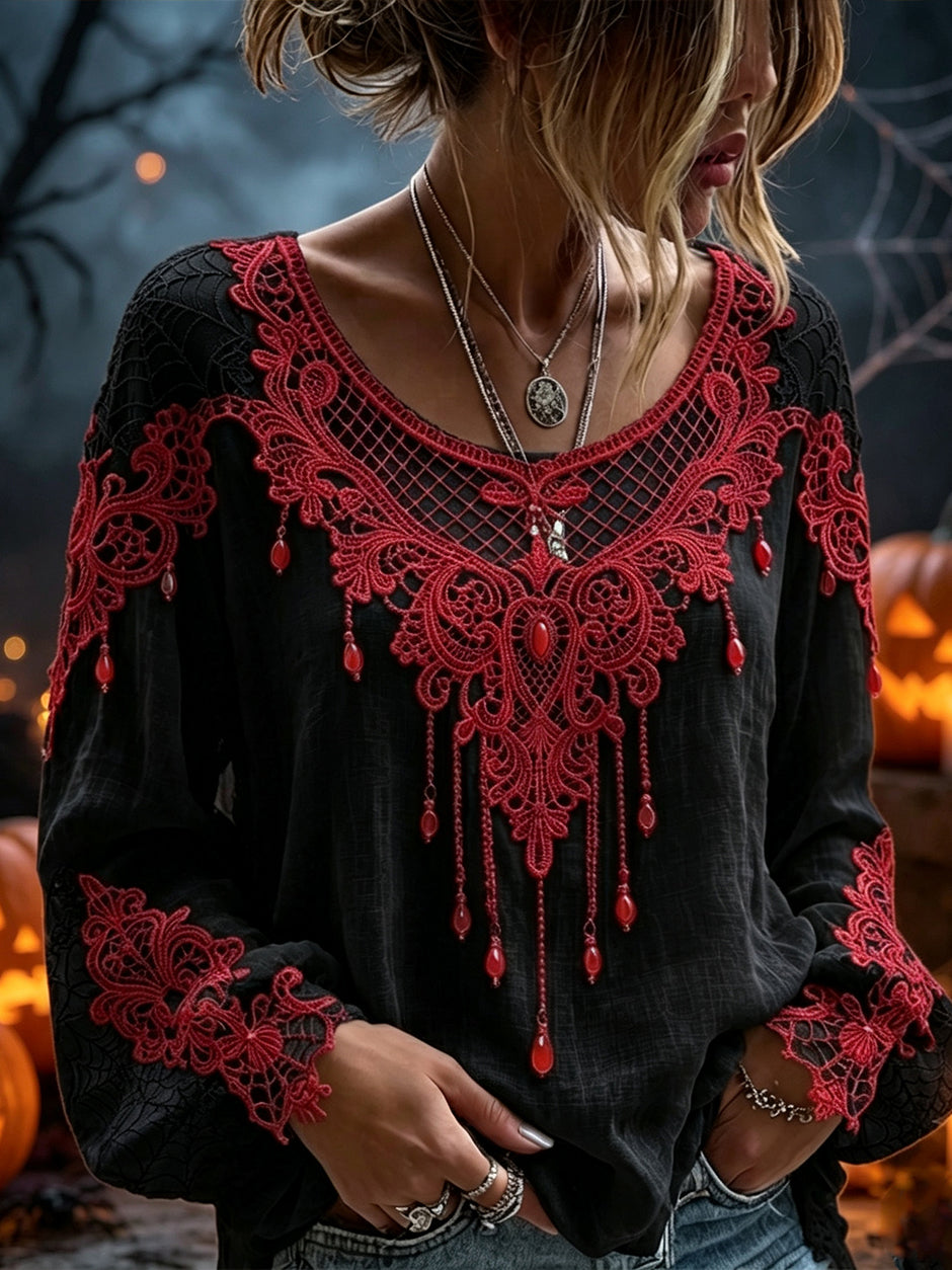 Women's Halloween Spider Web Pattern Casual Long-sleeve T-shirt