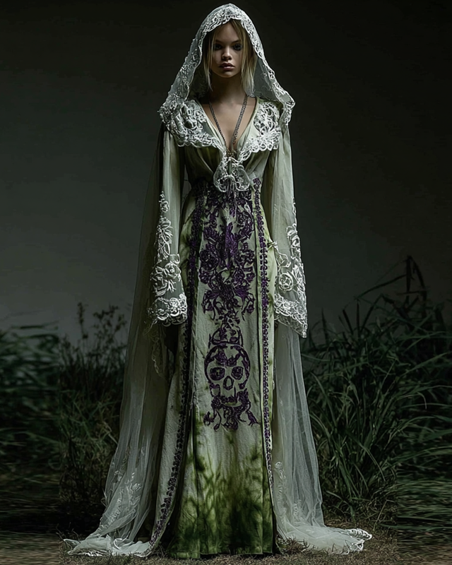 Halloween themed gradient skull lace patchwork hooded dress f1bc