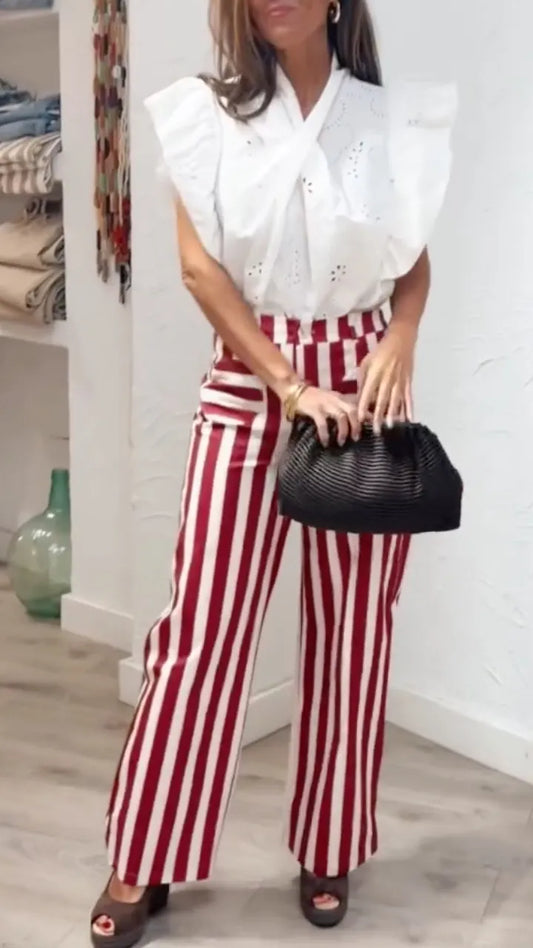 Women's Flutter-Sleeve Shirt & Striped Trousers Set