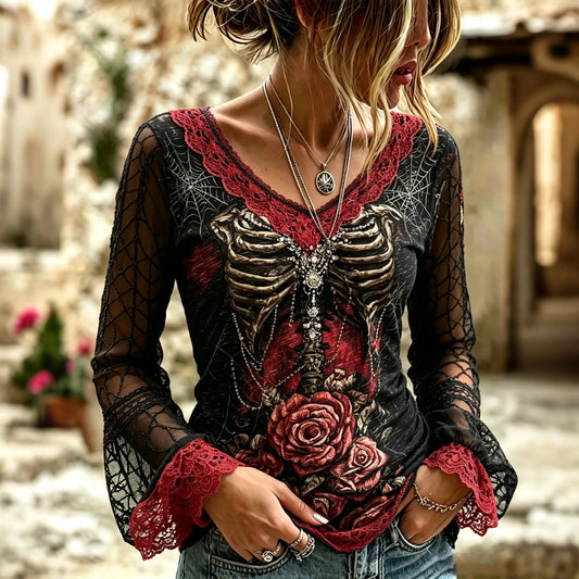 Women's Dark Rose Skull Spiderweb Design Cotton Linen Long-sleeve T-shirt