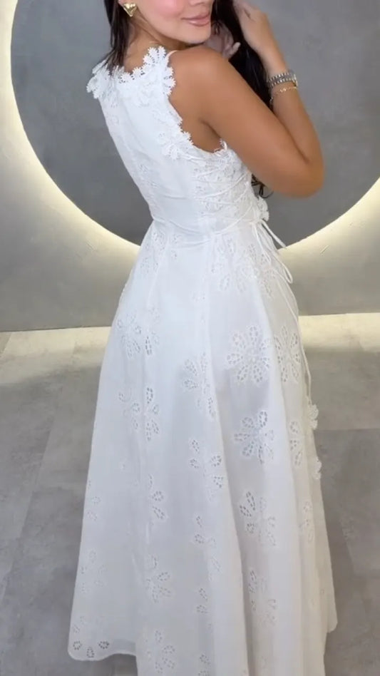 White Floral Eyelet Lace Spaghetti Strap Maxi Dress