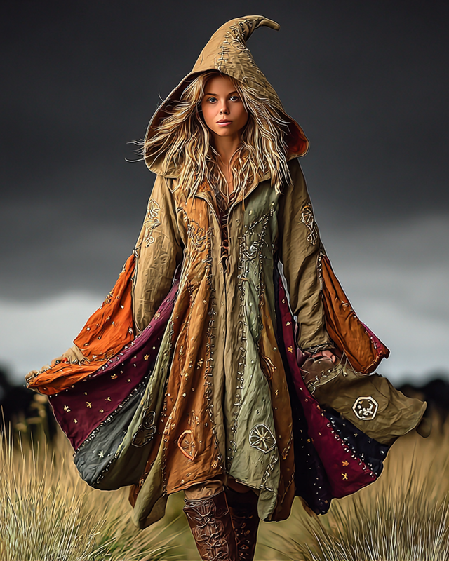 Star And Moon Themed Embroidery Contrast Patchwork Hooded Witch Dress 7cee