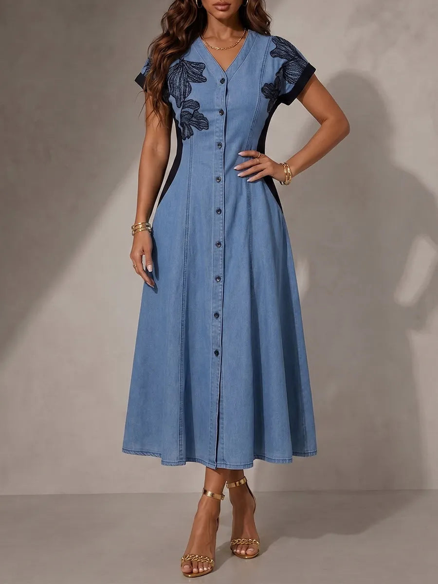 Stylish Casual Black Lace-paneled Denim Dress