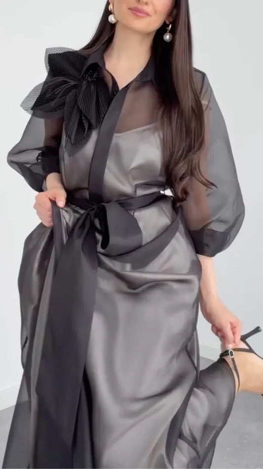 Women's Organza Midi Dress Set With Bow Detail