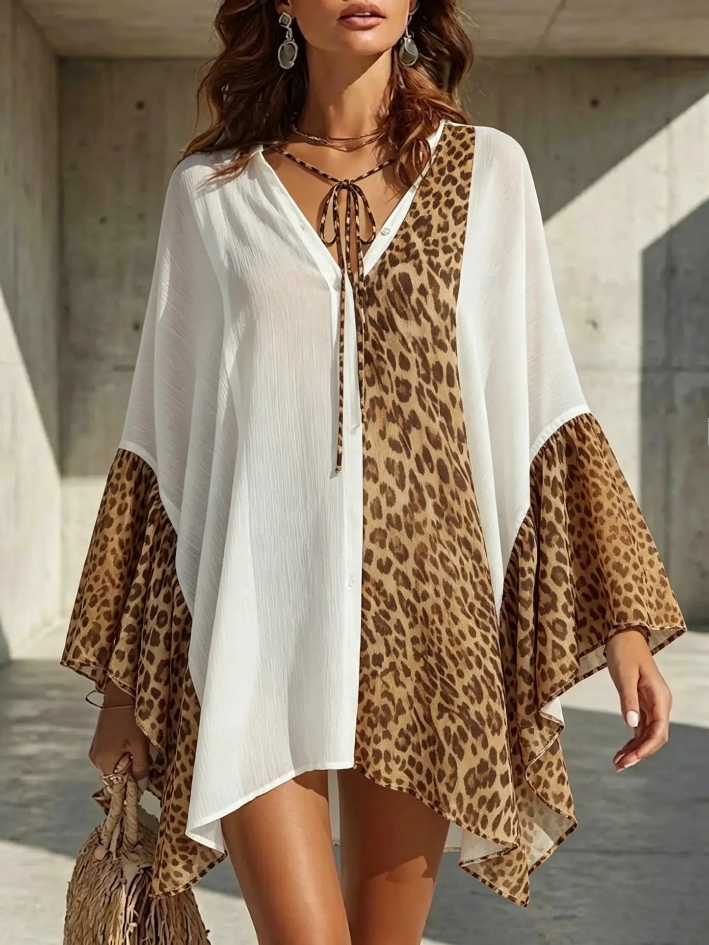 White Leopard-print Panelled Asymmetric Long Shirt