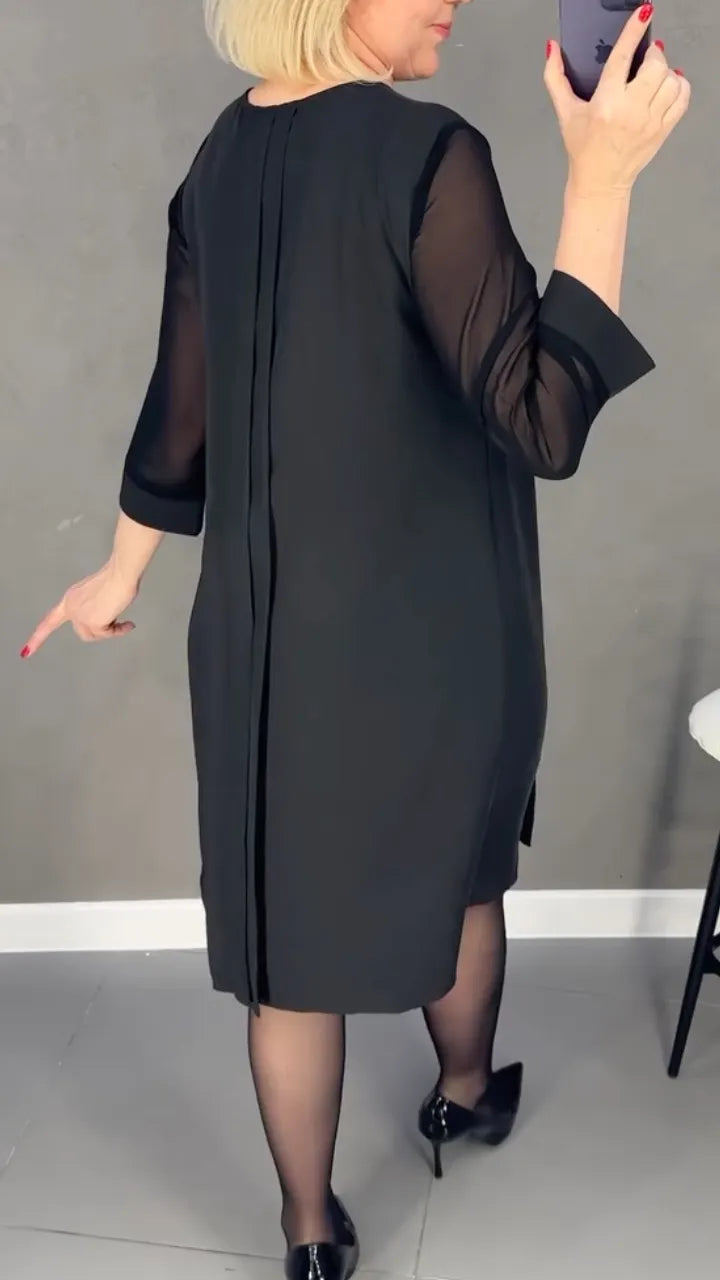 Black Pleated Sheer Sleeve Shift Dress
