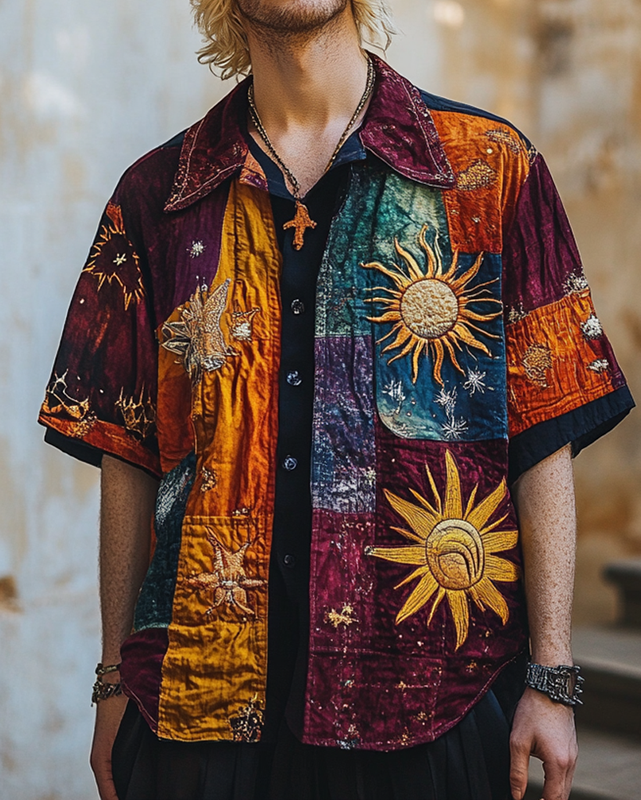 Men's star and moon embroidered rainbow contrast Shirt 52b4