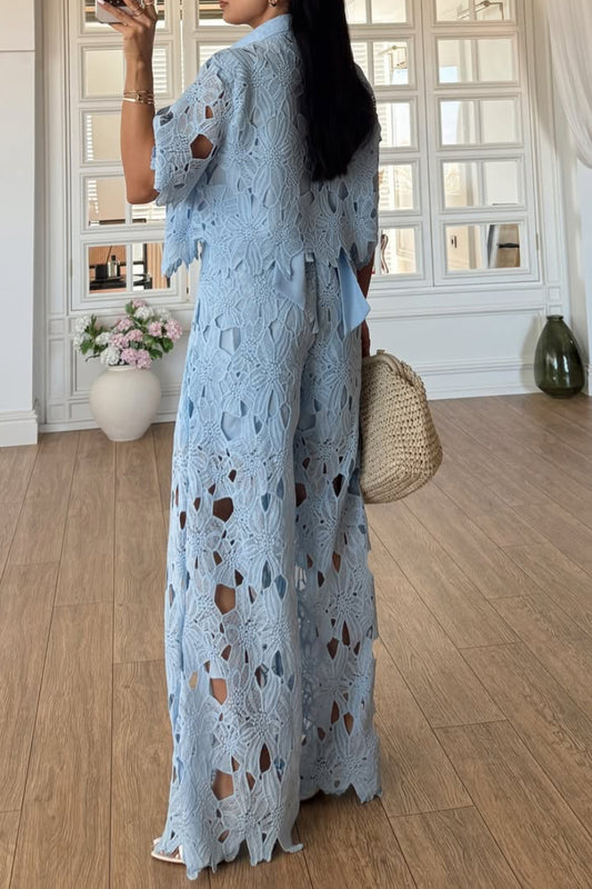 Floral Lace Shirt Wide Leg Pants Two-Piece Set