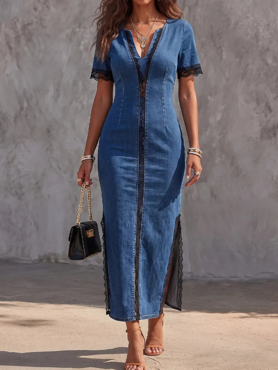 Vintage Art Comfortable Fabrics Hollowed Out Lace Patchwork Denim Dress
