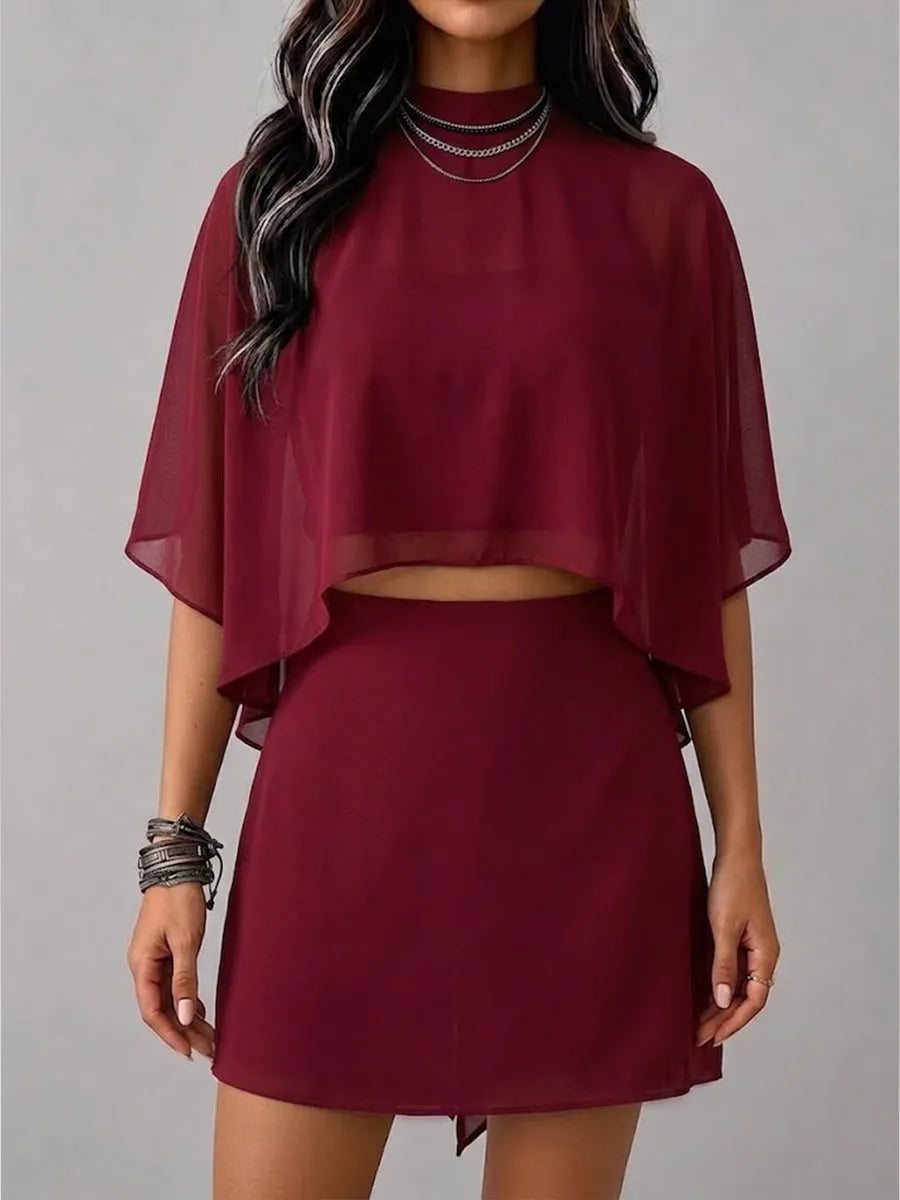 Stylish Casual Three-piece Set: Chiffon Top, Bandeau, And Mini Skort.