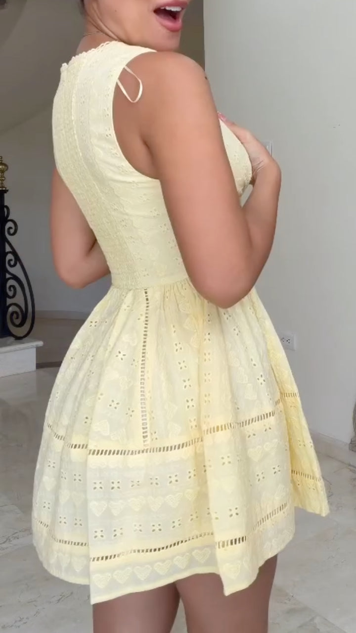 Eyelet Lace Bow-Front Sleeveless Mini Dress