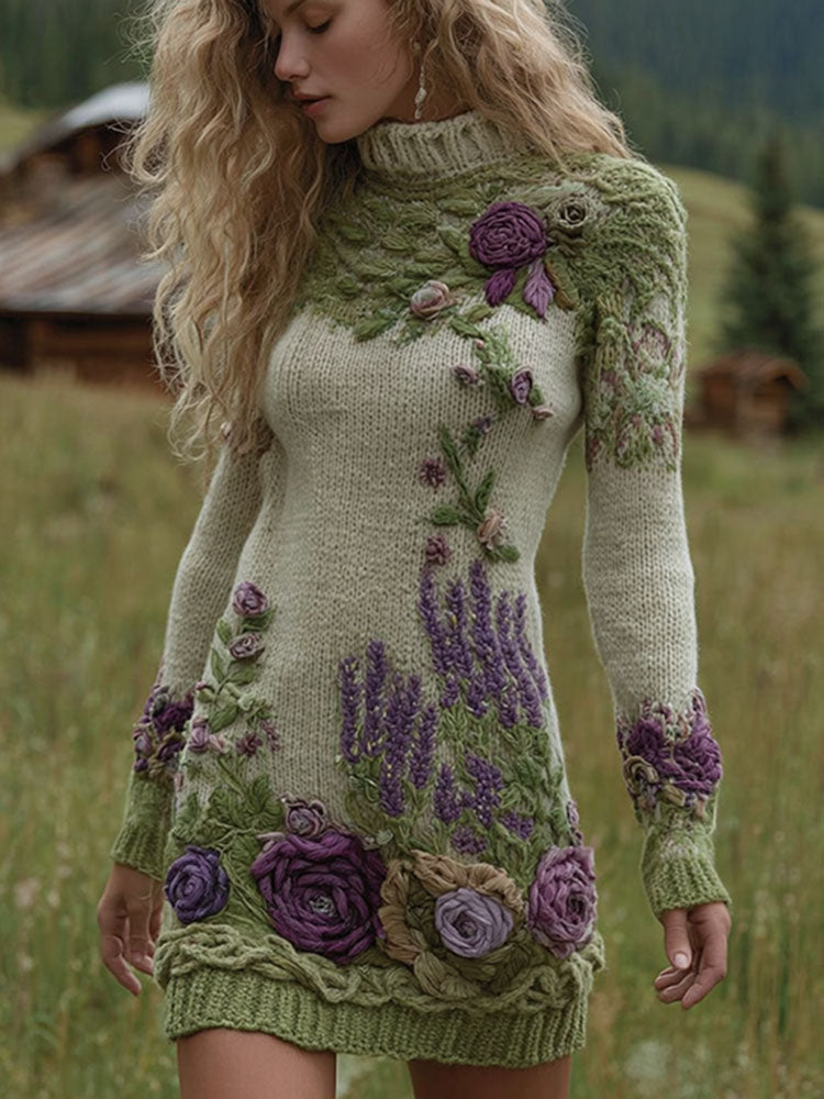 Classy Gradient Purple Lavender And Floral Art Cozy Knit Mini Turtleneck Dress
