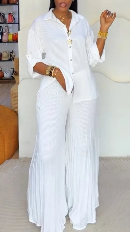 White Pleated Shirt & Wide‑Leg Pants Co‑Ord Set