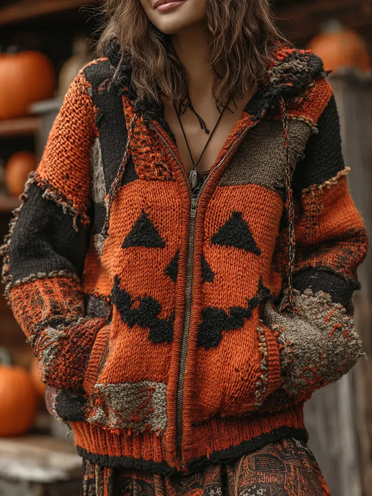 Patchwork Halloween Pumpkin Face Art Cozy Knit Hooded Cardigan