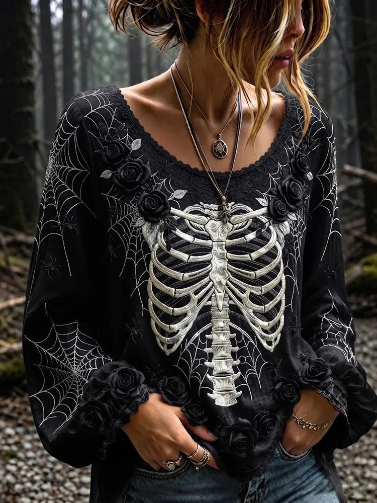 Women's Vintage Skeleton Pattern Linen Blend Art Long Sleeve T-shirt