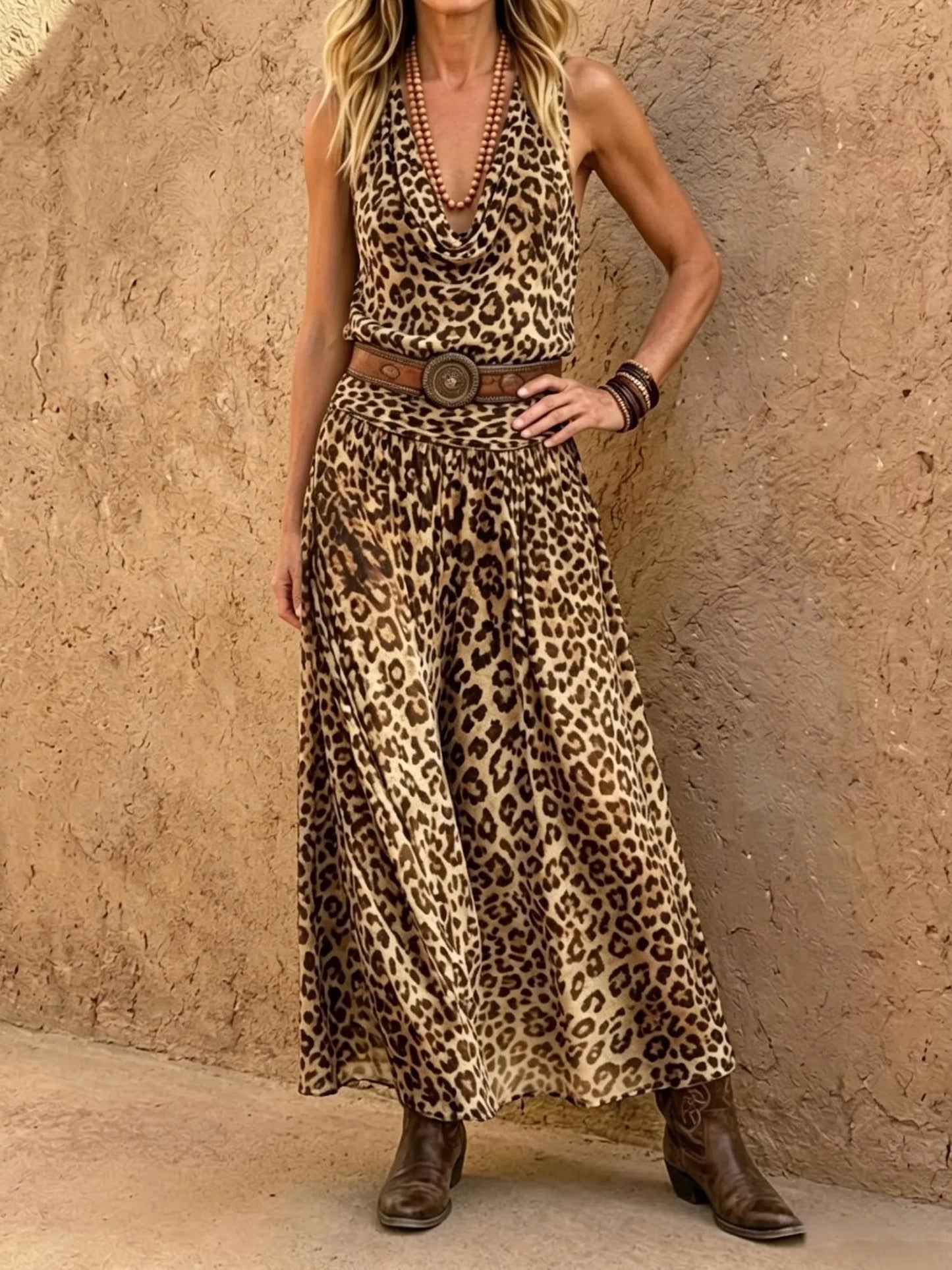 Women's Leopard Cowl Neck Sleeveless Maxi Dress