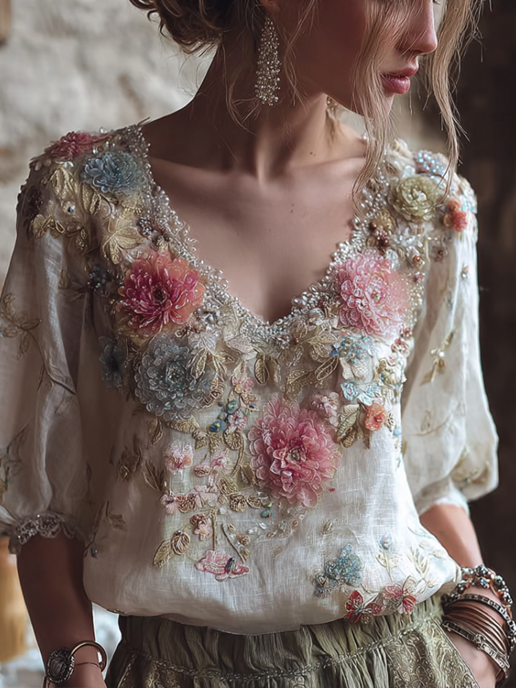 Bohemian Style V-neck Butterfly And Flower Embroidery Cotton And Linen Short Sleeve