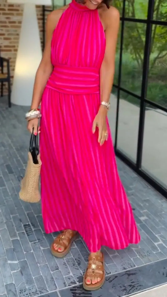 Striped Halter Pleated Maxi Dress