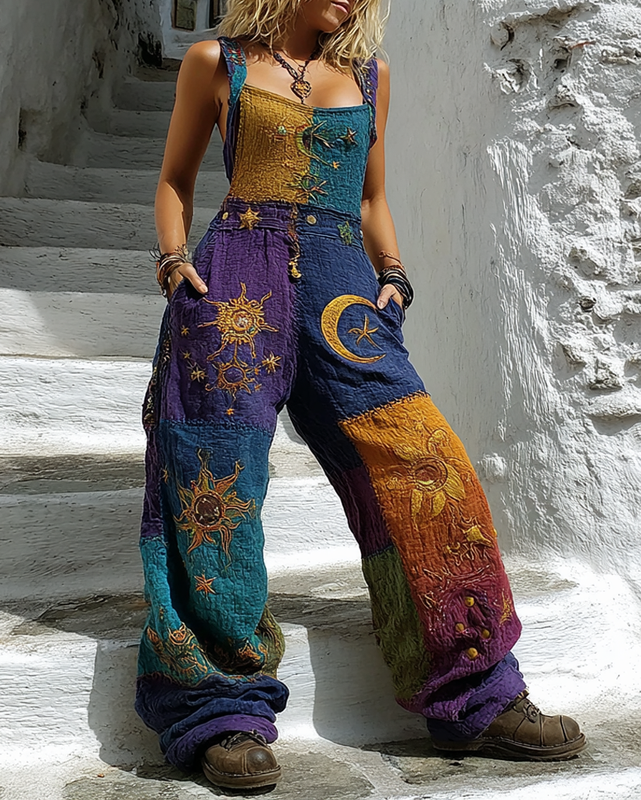 Women's Summer Vacation Stars and Moon Embroidered Linen Patchwork Overalls 656c