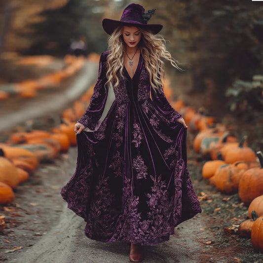 Women's Vintage Halloween Floral Art Comfy Velvet Maxi Dress
