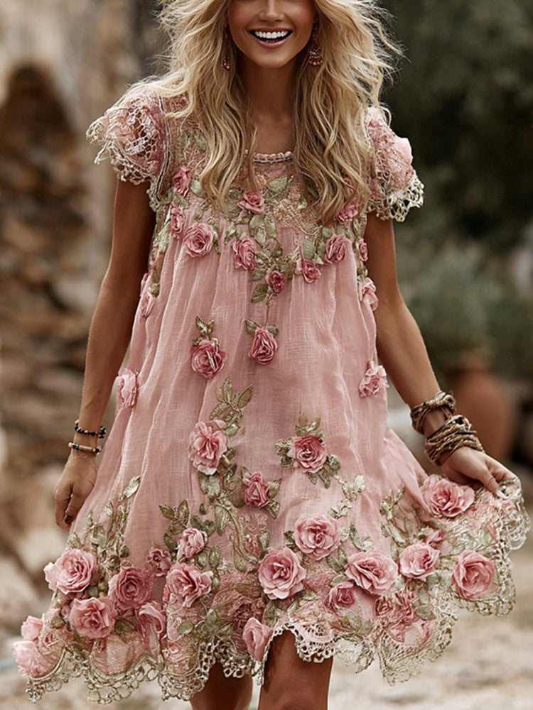 Women's Vintage Roses Lace Art Flowy Linen Blend Casual Short Sleeve Mini Dress