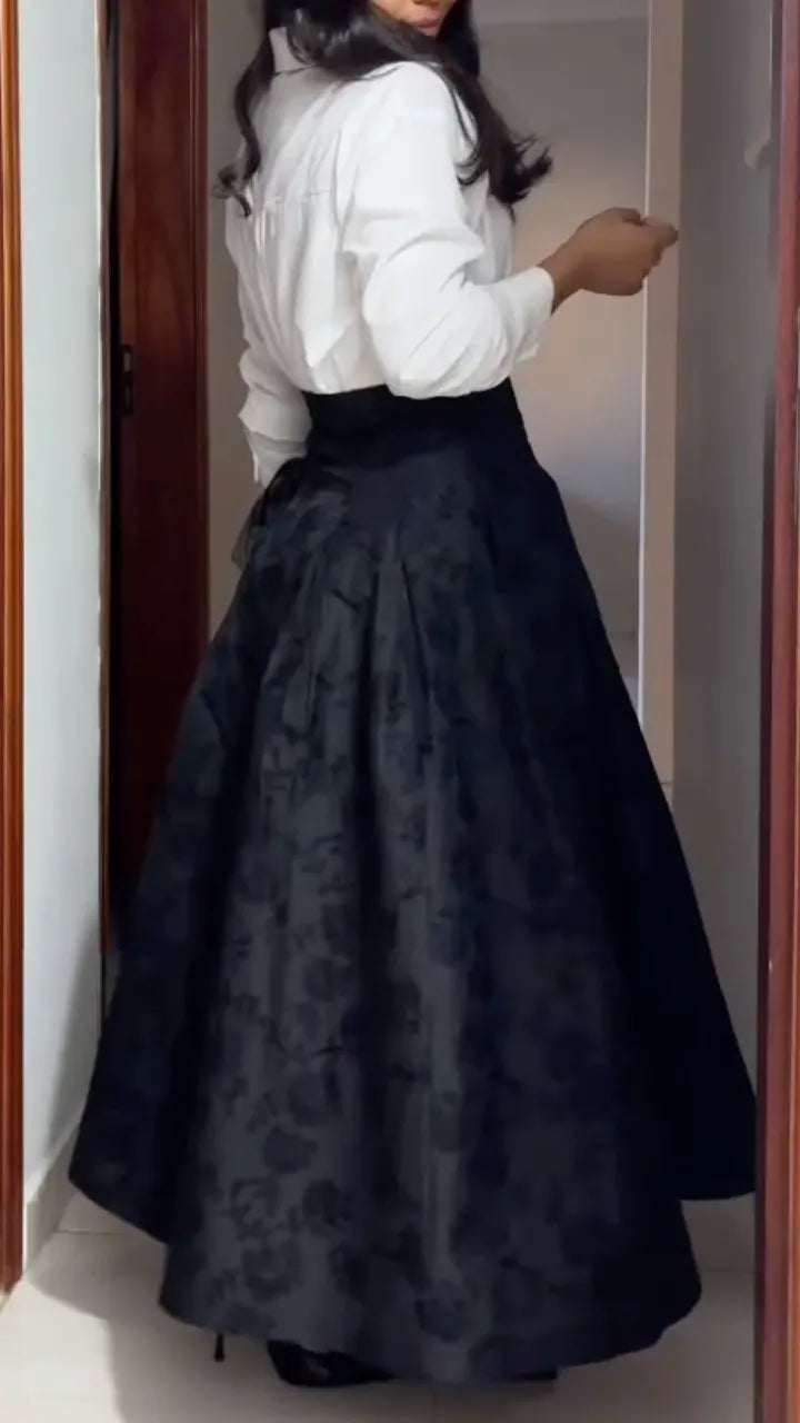 Black Textured Maxi Skirt and White Blouse Outfit