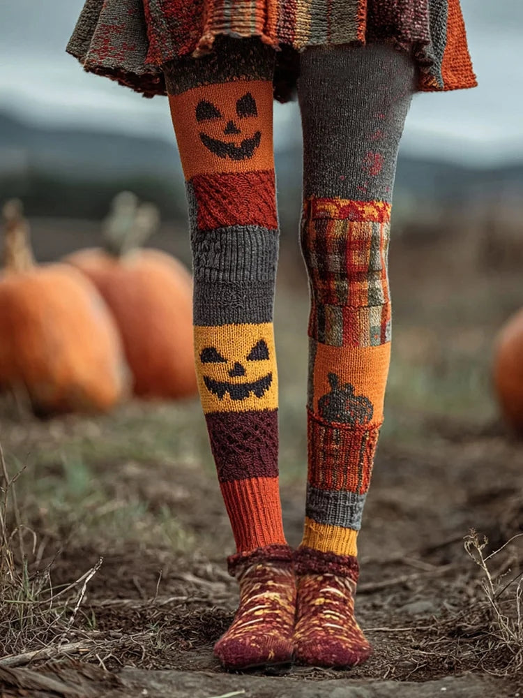 Women's Halloween Pumpkin Face Patchwork Art Casual Leggings