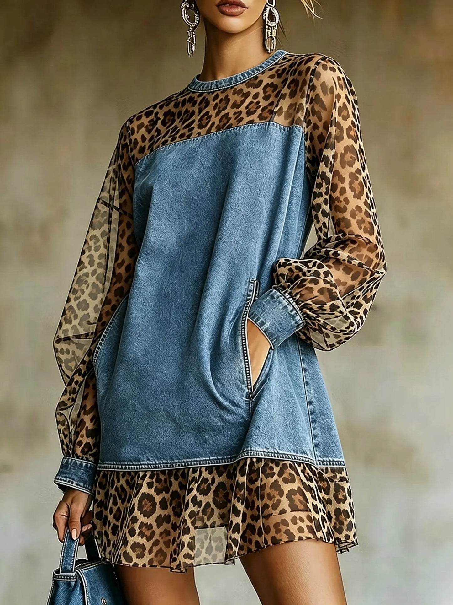 Women's Leopard Mesh Panel Denim Tunic Dress