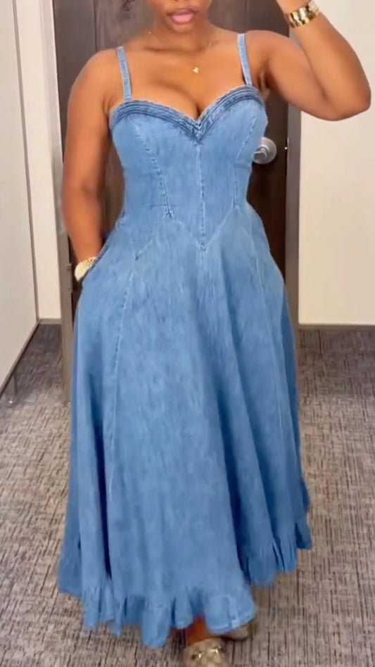 Blue Denim Spaghetti Strap Corset Midi Dress