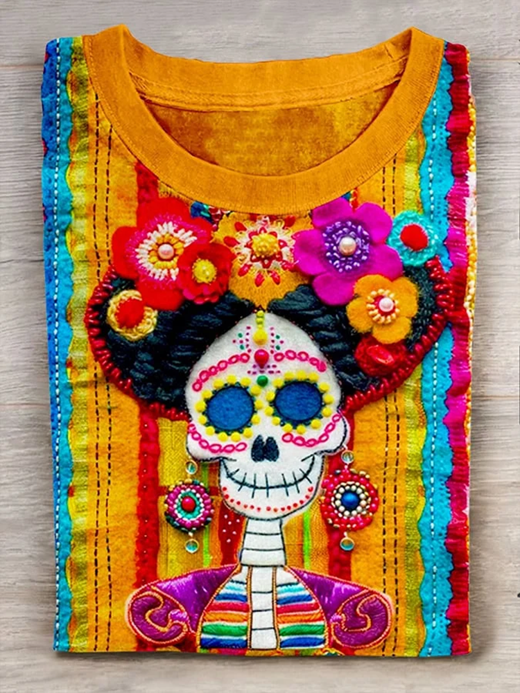 Mexican Sugar Skeleton Catrina Day Of The Dead Inspired Cotton Graphic T-Shirt