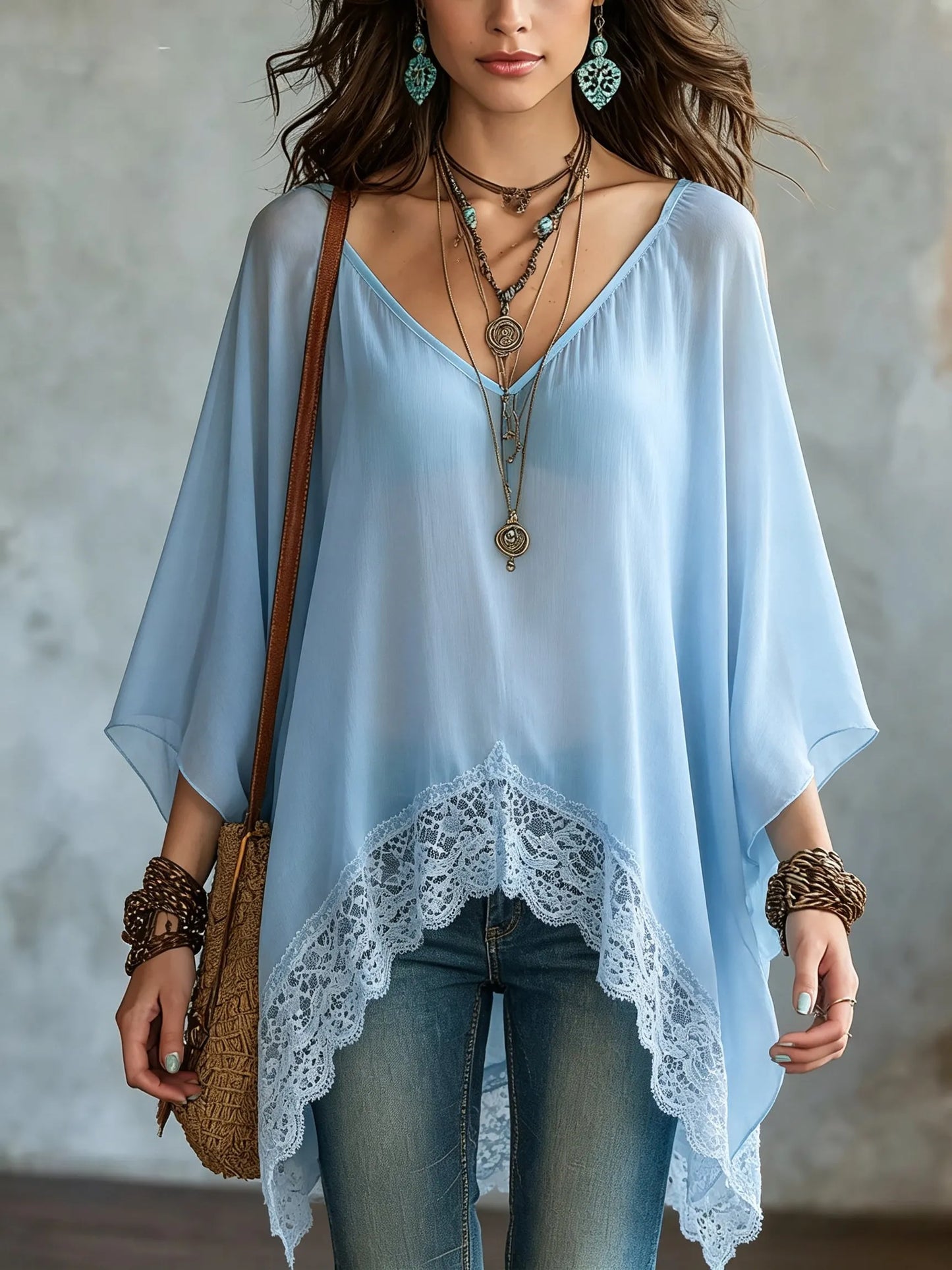 Women's Sheer Chiffon Lace-Trim High-Low Blouse