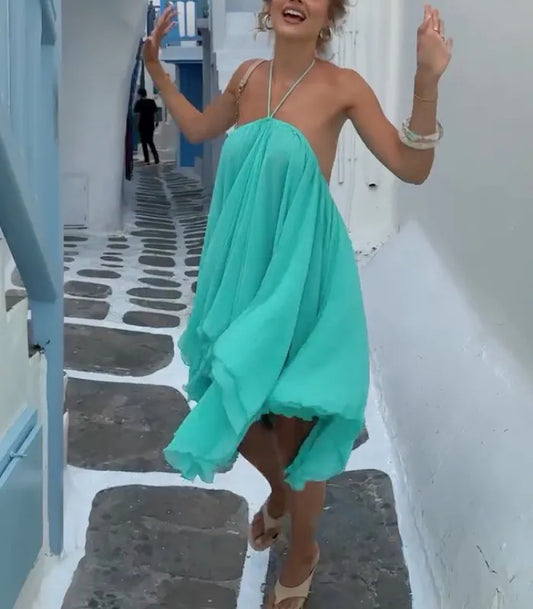 Turquoise Halter Flowy Ruffle Mini Chiffon Dress