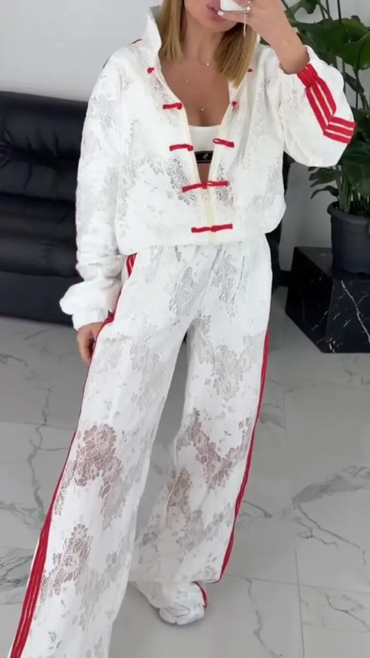 Frog-Button & Lace-Trimmed Striped Track Jacket + Wide-Leg Pants Set