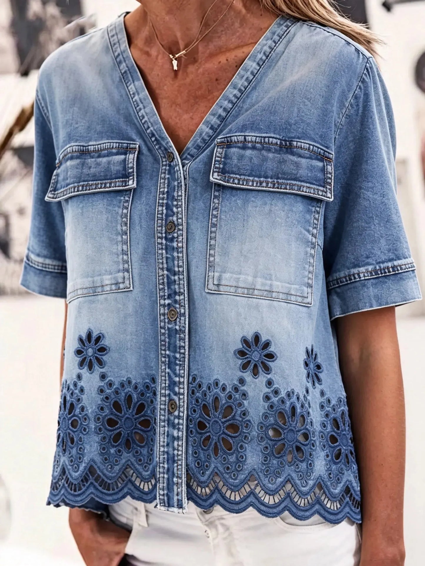 Women's Washed Denim Floral Hollow Embroidery V Neck Pocket Short Sleeve Shirt