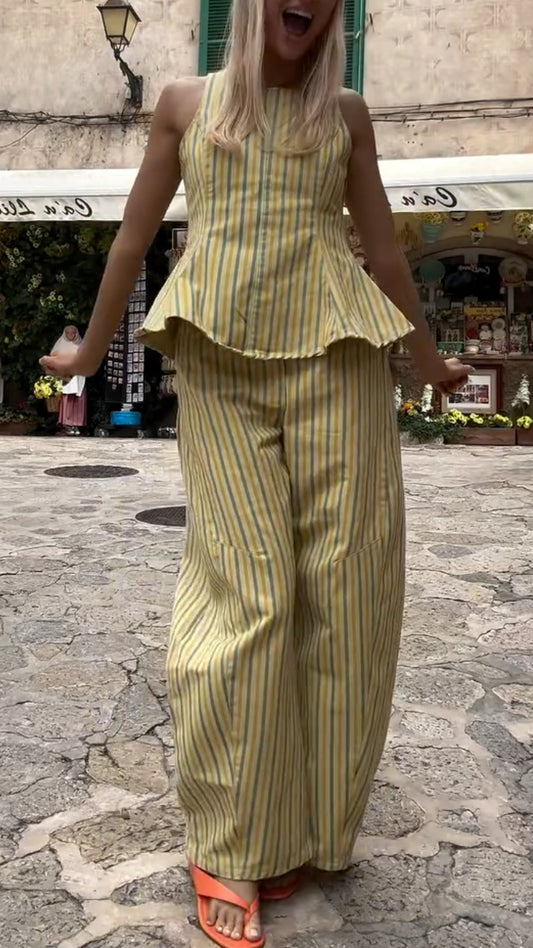 Stripe Peplum Top & Wide Leg Pants Co‑Ord
