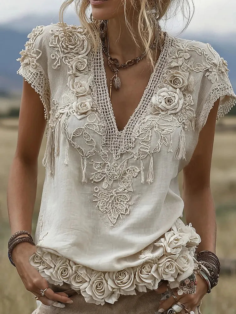 Women's White Rose Embroidery Art V-neck Short Sleeve Linen Blend T-shirt