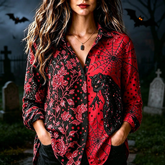 Women's Retro Halloween Style Cat And Rose Floral Embroidered Print Shirt