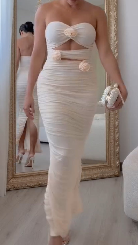 Women's Strapless Ruched Flower Slit Maxi Dress