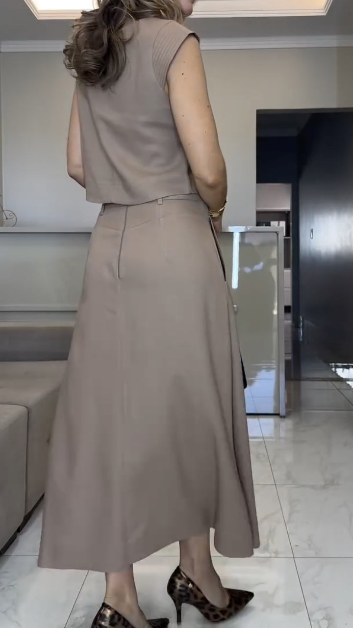 Beige Sleeveless Top & Midi Skirt Co-Ord Set