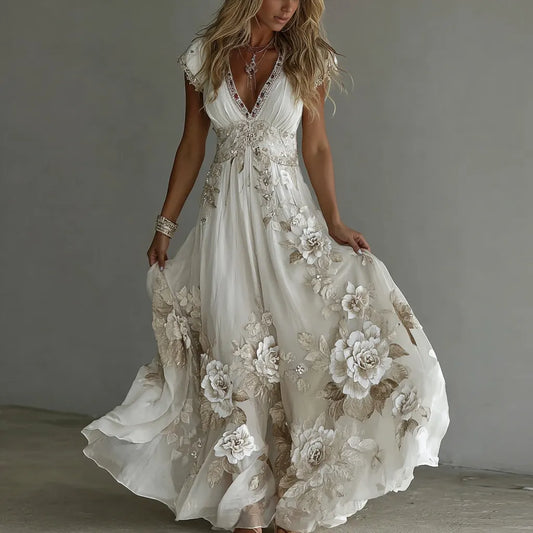 Women's Vintage Boho Floral Art Short-sleeved Maxi Dress