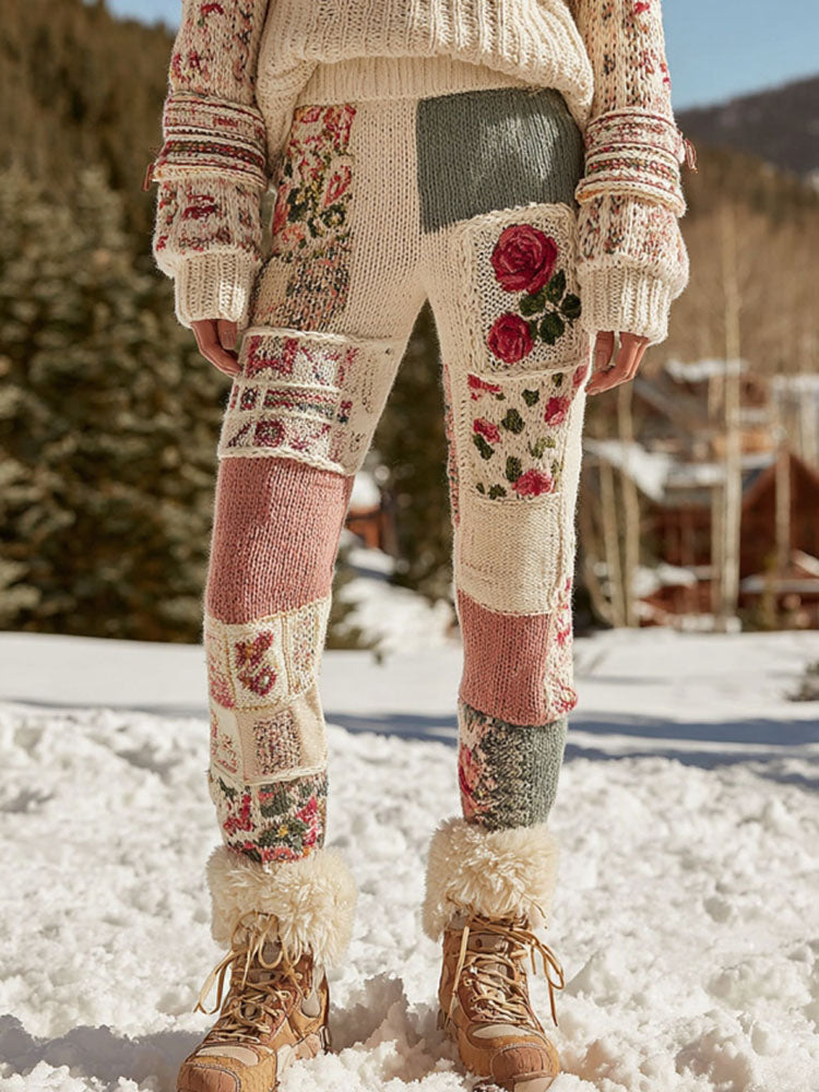 Women's Vintage Floral Patchwork Cozy Knit Leggings