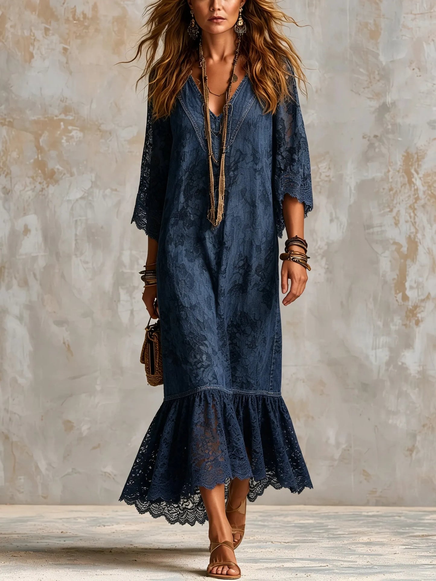 Women's V-Neck Floral Lace Ruffle Maxi Dress