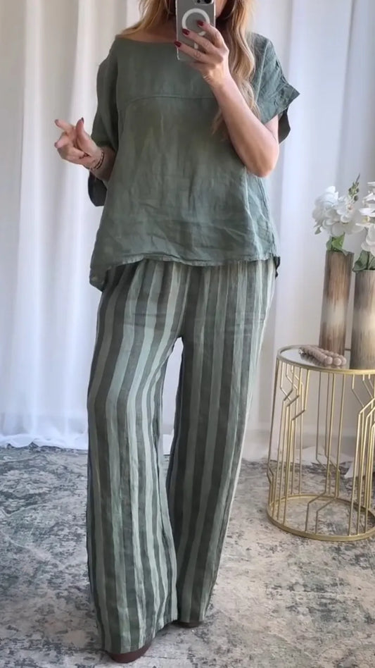 Linen-Blend Striped Pants Co-Ord Set